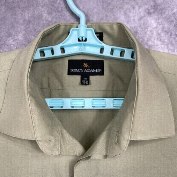 Stacy Adams Dress Shirt Mens 17.5 32/33 Tan Button Up Long Sleeve Casual Preppy - Picture 7 of 11